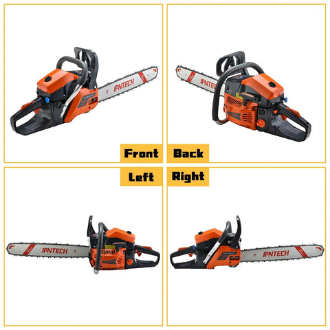 Beast 60cc Gas Chainsaw With 20 Inch Bar For Firewood Cutting And Tree Felling Pro Grade Handheld Two Cycle Petrol Saw Front and Side Views