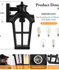 Product details showing Two Pack Motion Sensor Outdoor Wall Lights Dusk To Dawn Waterproof Exterior Lanterns with bulb size guide