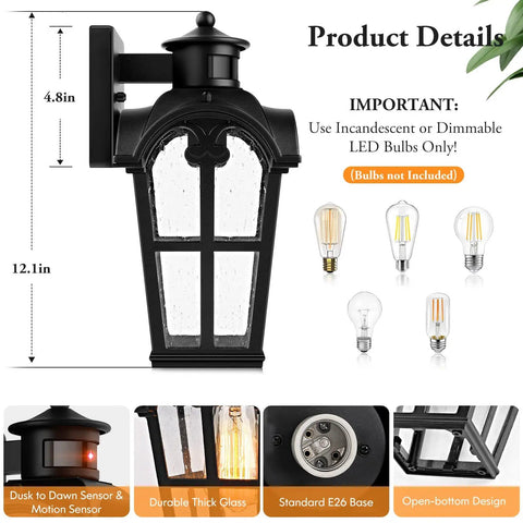 Product details showing Two Pack Motion Sensor Outdoor Wall Lights Dusk To Dawn Waterproof Exterior Lanterns with bulb size guide