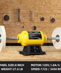 Dual Speed Bench Buffer Polisher 8 Inch With 2 Cotton Wheels shown on workbench in workshop with specs displayed below