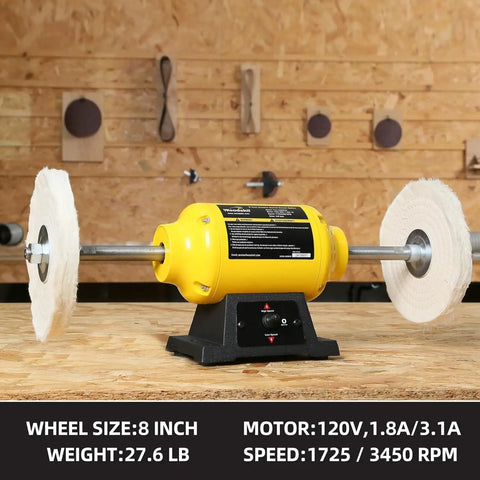 Dual Speed Bench Buffer Polisher 8 Inch With 2 Cotton Wheels shown on workbench in workshop with specs displayed below