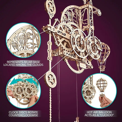 Gravity Powered Aero Clock Kit Wooden 3D Puzzle Wall Clock With Pendulum Gear Driven Time Display Miniature Hot Air Balloon Theme Cool DIY Mechanical Model Kit for Adults Unique Gift for Makers and Craft Lovers, wooden wall clock with hot air balloon detail