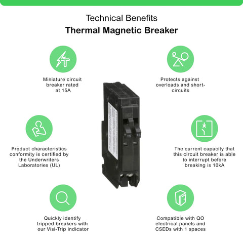 QO1515C 15 Amp Circuit Breaker With Thermal Magnetic Trip And Visi Trip Indicator for QO panels tandem ready, front view.