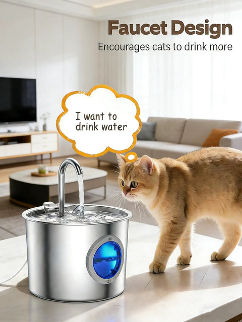 Cat approaching No Brainer Cat Water Fountain In Premium 304 Stainless Steel With 2.2L Detachable Tank Easy To Clean Automatic Pet Fountain
