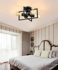 4 Light Matte Black Sputnik Style Semi Flush Mount Ceiling Light With E26 Base in bedroom setting, industrial decor.