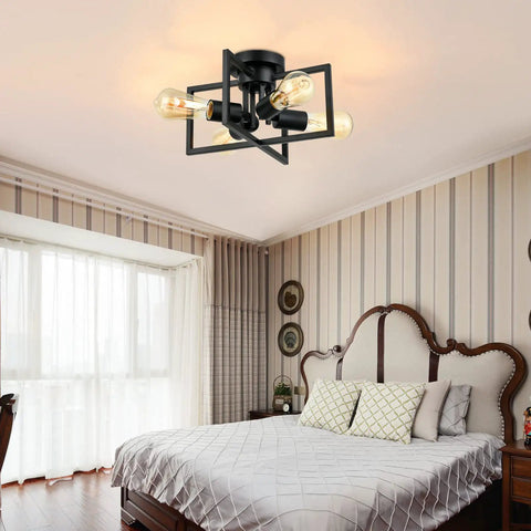 4 Light Matte Black Sputnik Style Semi Flush Mount Ceiling Light With E26 Base in bedroom setting, industrial decor.