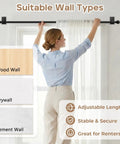 Apartment renter installing no drill curtain rod with adhesive and pin nails, black, adjustable, for 28-48 inch windows.