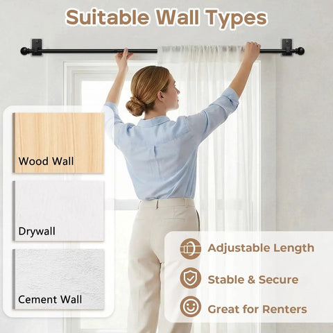 Apartment renter installing no drill curtain rod with adhesive and pin nails, black, adjustable, for 28-48 inch windows.