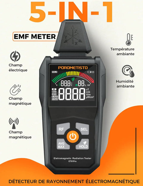 5-In-1 EMF Meter Radiation Detector With Temperature And Humidity, Detects RF EF MF Across 30MHz-8GHz And 40Hz-100kHz, Great For Home Office, DIY And Wireless Signal Tracking. Black handheld EMF meter with display and probe.
