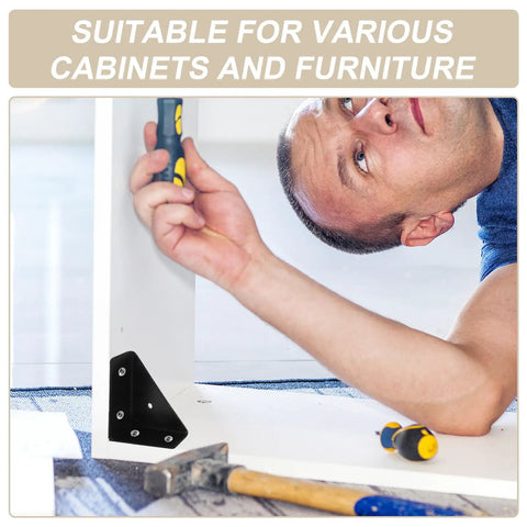 Man installing Triangle Corner Brace Set Of 12 Cold Rolled Steel Right Angle Brackets For Furniture Beds Shelves And Office