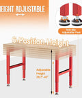 Red Adjustable Heavy Duty Workbench With 4 AC Outlets And 2 USB Ports showing height adjustable feature and non-slip feet