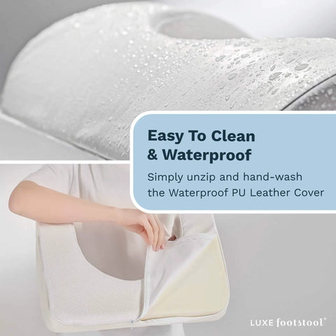 Close-up of waterproof PU leather slipcover of ergonomic toilet footstool with removable foam cushion for easy cleaning.