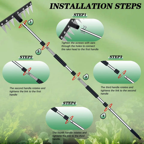 Installation steps for Sturdy Stainless Steel Weeding Tool With 8 Tines And Adjustable Length Handle, Manual Weeder Rake