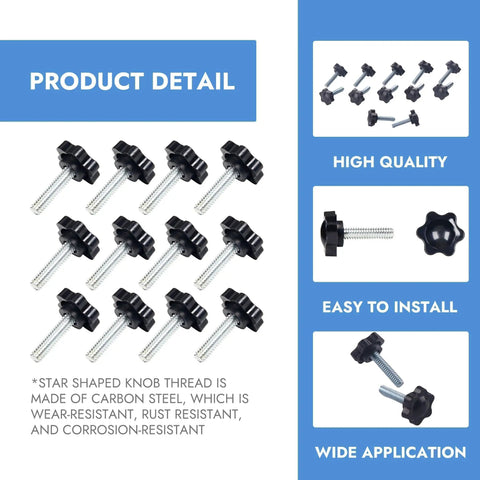 Twelve Pack Of Quarters Twenty By One Inch Star Thumb Screws With Knurled Faces providing various angles and details for easy viewing.