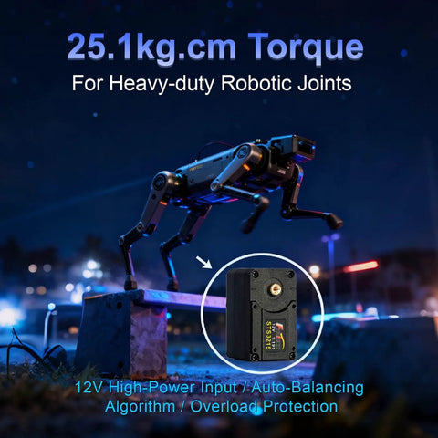 Built Tough 25Kg High Torque Serial Bus Servo Motor 12 Volt With Programmable Magnetic Encoder and Slick Continuous Rotation for Smooth Robot Mechanism Builds mounted on a robotic joint.