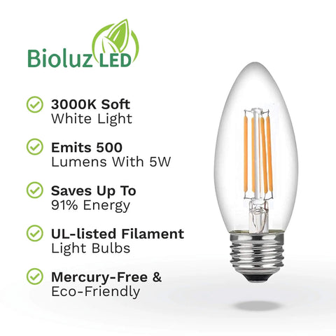 Dimmable LED Filament Candelabra Bulbs 93 CRI With E26 Base C37 Clear Candle Lights displaying 3000K soft white light