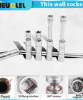 Magnetic Swivel Spark Plug Socket Set 3/8 Inch Drive 12 Point With Extension Kit Includes 14mm Four Inch Thin Wall 9/16 Inch Six Inch And 5/8 Inch Ten Inch Extensions For Quick Auto Fixes. Thin-wall CR-V sockets with 360° swivel and magnetic ring