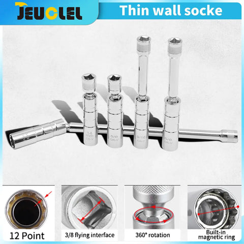 Magnetic Swivel Spark Plug Socket Set 3/8 Inch Drive 12 Point With Extension Kit Includes 14mm Four Inch Thin Wall 9/16 Inch Six Inch And 5/8 Inch Ten Inch Extensions For Quick Auto Fixes. Thin-wall CR-V sockets with 360° swivel and magnetic ring