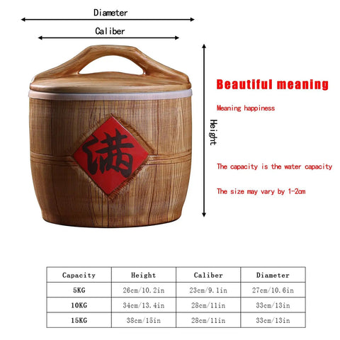 Real Deal Large Ceramic Rice Jar With Secure Airtight Lids Kickin Pantry Organization Game displayed with dimensions and height indicators.
