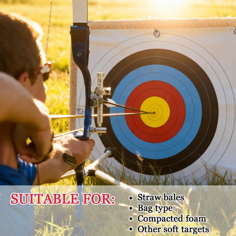 Archer aiming at target, backdrop for 20 Pack Heavy Duty Stainless Steel Archery Target Pins With Loop Handle Three Point Six Inch Length For Thick Foam Targets Indoors Outdoors Tough As Nails Rust Resistant Staples For Backyard Range Practice.