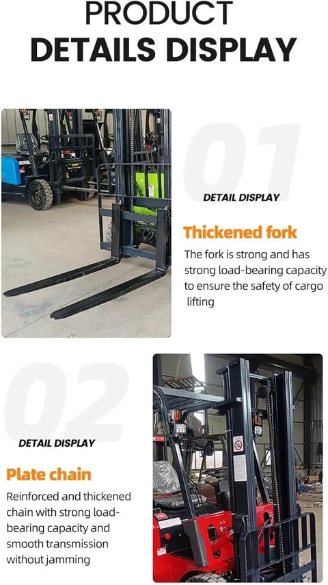 Heavy Duty Electric Forklift For Warehouse Logistics And Dock Loading Featuring Ride On Setup And No Sweat Pallet Handling For Top Shelf Inventory Hustle, showing thickened fork and plate chain details.