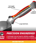 Illustration of oversized potting scoop with serrated tip and labeled features for garden tasks.