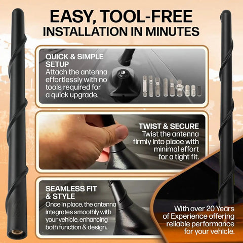 Universal 8 Inch Short Rubber Antenna Kit for Cars, Trucks, SUVs, easy installation steps, close-up views.