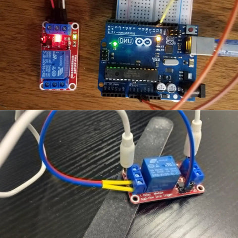 Ten Pack 5V Relay Module With Optocoupler Isolation connected to Arduino board and cables