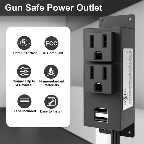 Power Outlet Kit For Gun Safe With 2 AC Outlets And 2 USB Ports 6 Point 9 Foot Removable Cables With Quick Connector, UL Listed