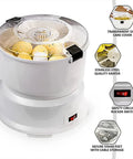 Fast Electric Potato Peeler And Vegetable Dehydrator With Sharp Blades For No Sweat Kitchen Prep and Effortless Fruit Slicing, white appliance with transparent cover.