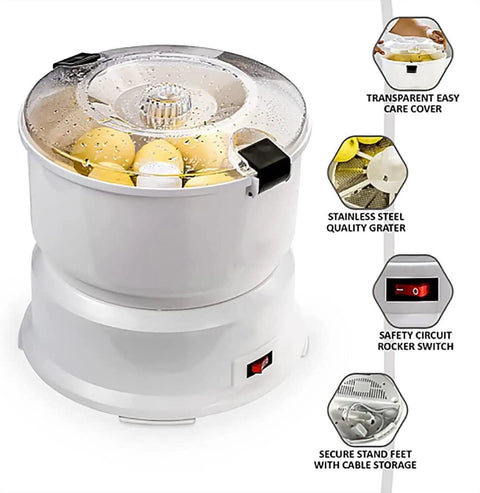 Fast Electric Potato Peeler And Vegetable Dehydrator With Sharp Blades For No Sweat Kitchen Prep and Effortless Fruit Slicing, white appliance with transparent cover.