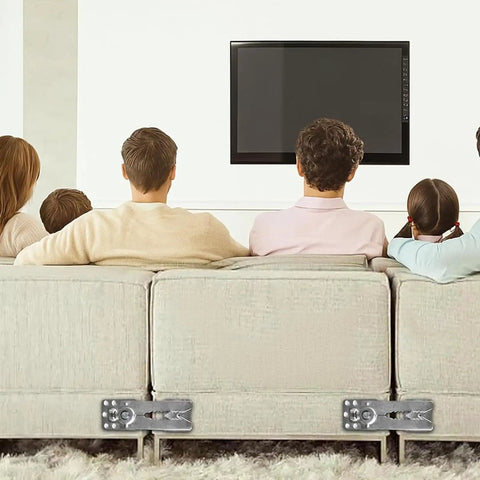 Lock It Down Heavy Duty Sofa Connectors For Sectional Couches with adjustable brackets visible between sofa sections.