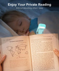 Blue clip-on Gritin rechargeable reading light attached to an open book on a bed.