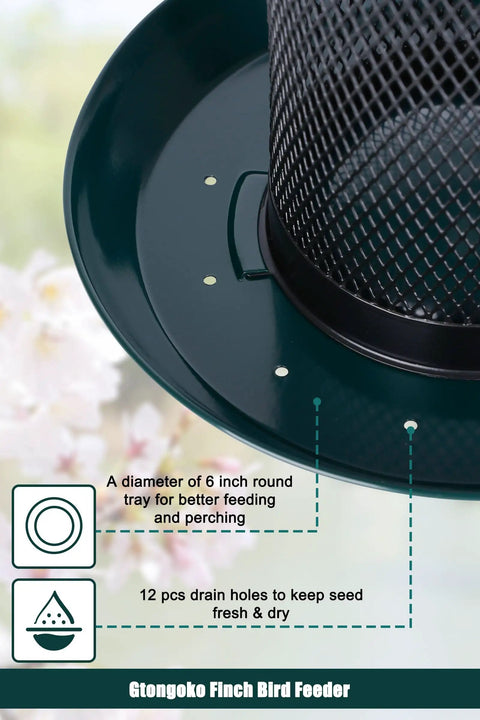 Close-up of Outdoor Finch Bird Feeder With 2.5 Pound Capacity Squirrel Proof Metal Mesh Tube, showing green tray and drain holes