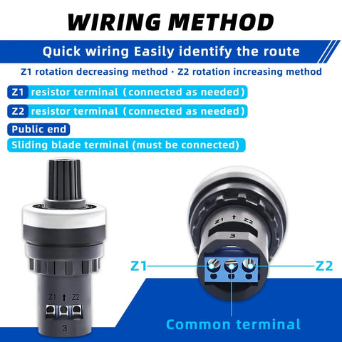 Wiring method diagram for 4 Pack 10K Ohm LA42DWQ22 Rotary Potentiometer 22mm showing Z1, Z2, and common terminal connections.