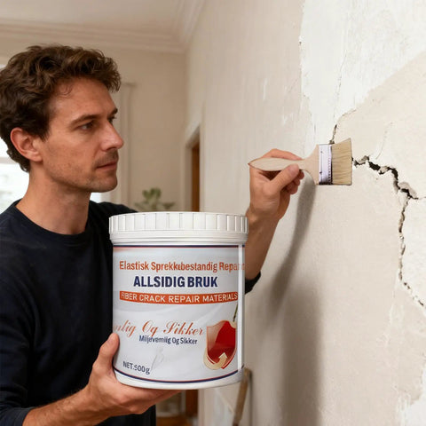 Man applying 500G Dense Filler Wall Repair Paste With Moistureproof Binder And Quick Blend Fiber Reinforced Crack Prevention Formula for indoor walls