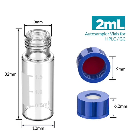 Top Drawer 2ML Clear Borosilicate Glass Autosampler Vials With No Fuss 9 425 Screw Threads For Bulletproof GC And HPLC Laboratory Testing 100 Piece Bulk Pack showing clear vial and blue screw cap