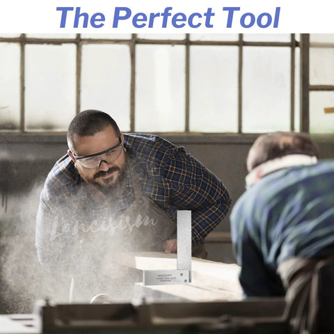 Machinist square set (steel L-shaped ruler) for 90° layouts, 2–6 inch sizes, on wood in a workshop with two workers