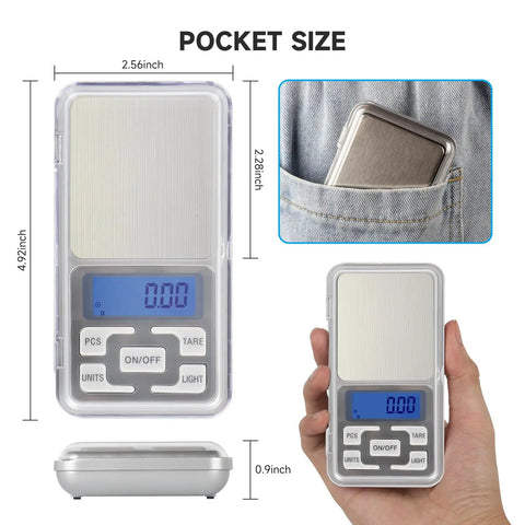 Compact Digital Pocket Scale With 500G Capacity And 0.01G Precision In A Stainless Steel Panel next to hand and pocket for scale