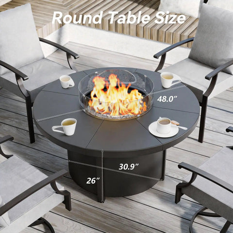 48 Inch Round Propane Fire Pit Tabletop Outdoor Heater With Auto Ignition 55000 BTU CSA Certified with Windproof Glass Lava Rocks on patio