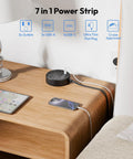Image showing Ultra Flat Plug Power Strip With USB Ports And Wall Mount Space Saver 5ft Extension Cord on nightstand with devices charging.