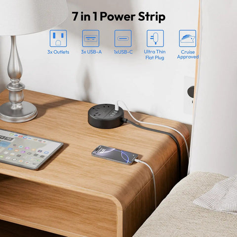 Image showing Ultra Flat Plug Power Strip With USB Ports And Wall Mount Space Saver 5ft Extension Cord on nightstand with devices charging.