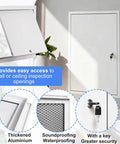Slick Lockable Access Door With Paintable Finish And Concealed Hinges For Drywall Or Ceiling Panels No Sweat Install For Utility Pipes Or Electrical Boxes Heavy Duty Build That Slips Right Into Any Renovation Job Smoothly, showcasing an open access panel with key security features.