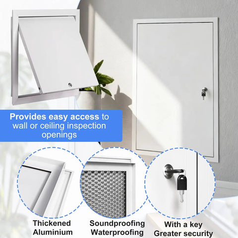 Slick Lockable Access Door With Paintable Finish And Concealed Hinges For Drywall Or Ceiling Panels No Sweat Install For Utility Pipes Or Electrical Boxes Heavy Duty Build That Slips Right Into Any Renovation Job Smoothly, showcasing an open access panel with key security features.