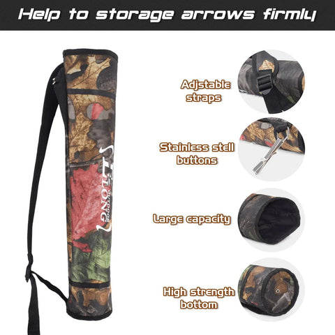 Adjustable Back Archery Quiver Holder For Compound And Recurve Bows with padded strap and camo design, holds 30 arrows.
