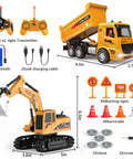 RC Construction Vehicle Set With Excavator And Dump Truck Includes Barricades Road Signs Simulated Rocks Lights And Sounds