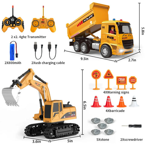 RC Construction Vehicle Set With Excavator And Dump Truck Includes Barricades Road Signs Simulated Rocks Lights And Sounds