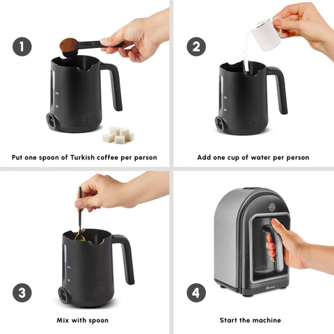 Instructions for using the Boss-Grade Turkish Coffee Maker For Five Cups With Ember Mode And Automatic Temperature Control.