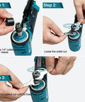 Tough As Nails 12V Cordless Right Angle Die Grinder Kit assembly steps showing collet installation and adjustment.