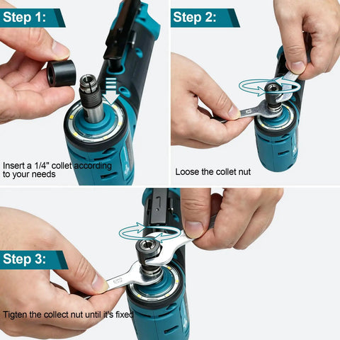Tough As Nails 12V Cordless Right Angle Die Grinder Kit assembly steps showing collet installation and adjustment.